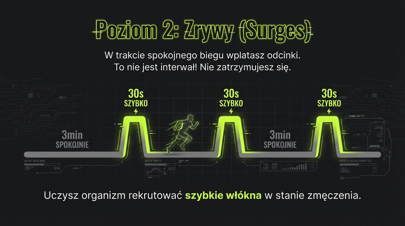 Poziom 2: zrywy - krótkie przyspieszenia wplecione w spokojne bieganie, bez zatrzymywania się