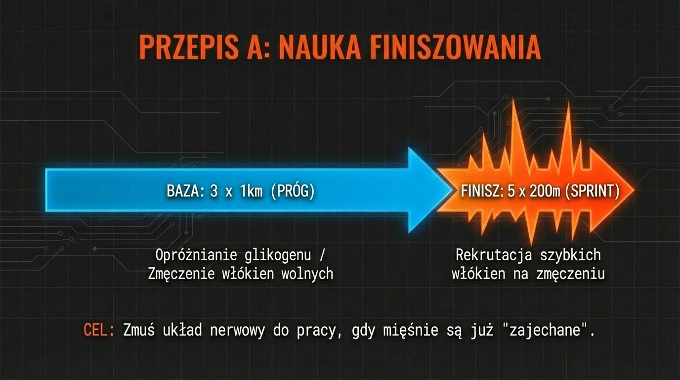 Przepis A: nauka finiszowania - baza opróżnia glikogen, finisz uczy rekrutować szybkie włókna na zmęczeniu