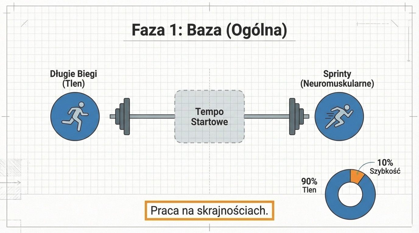 Faza 1: baza ogólna - praca na skrajnościach, długie biegi i sprinty, bez tempa startowego