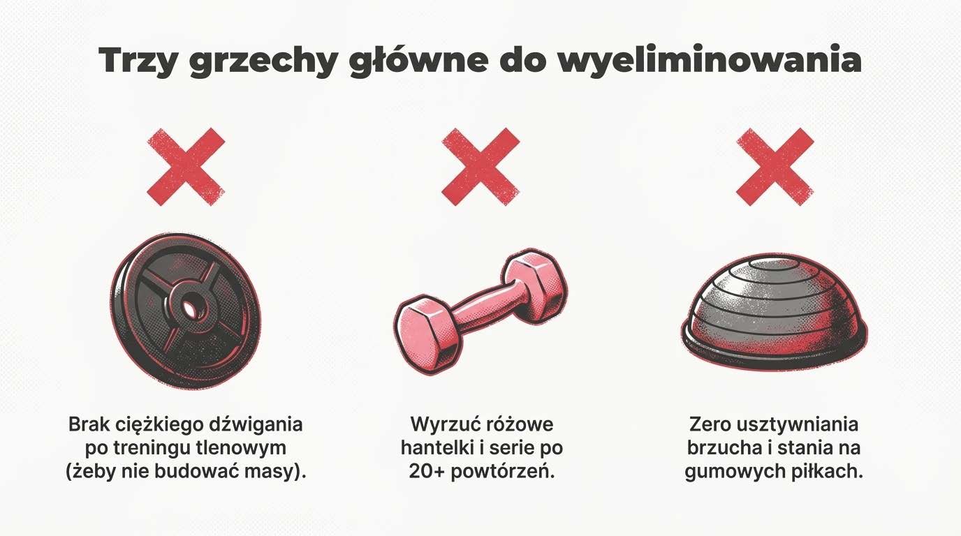 Trzy grzechy główne do wyeliminowania - ciężkie dźwiganie po treningu, różowe hantelki, Bosu
