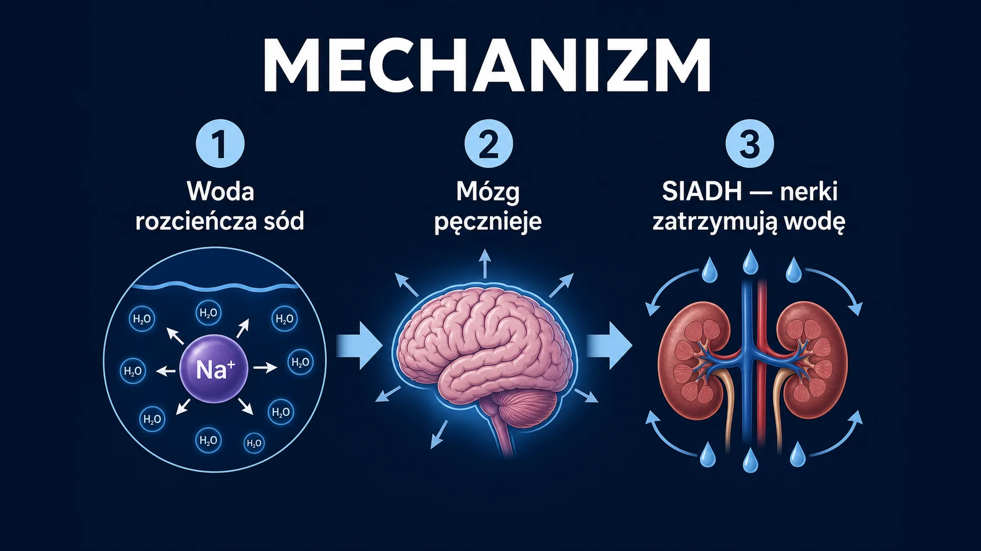 Mechanizm - woda rozcieńcza sód, mózg pęcznieje, SIADH - nerki zatrzymują wodę