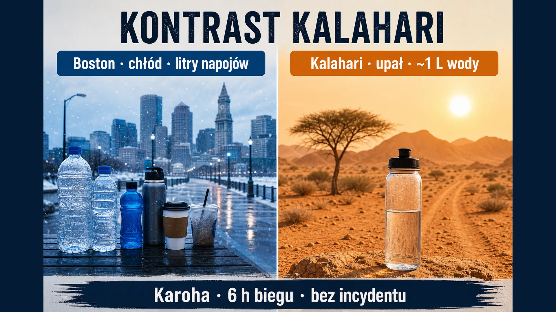 Kontrast Kalahari - Boston, chłód, litry napojów kontra Kalahari, upał, około litra wody