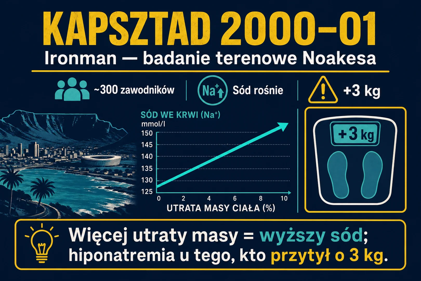 Kapsztad 2000-2001 - badanie terenowe Ironmana, sód we krwi rośnie wraz z utratą masy