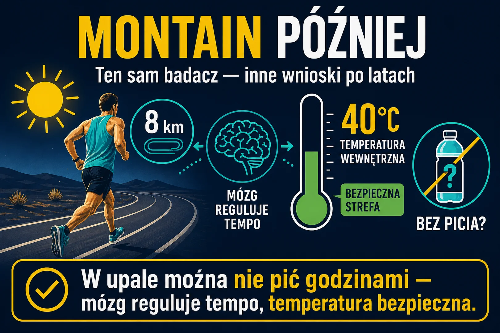 Montain później - bieg na 8 km w 40 stopniach bez szkody dla wyniku, mózg reguluje tempo