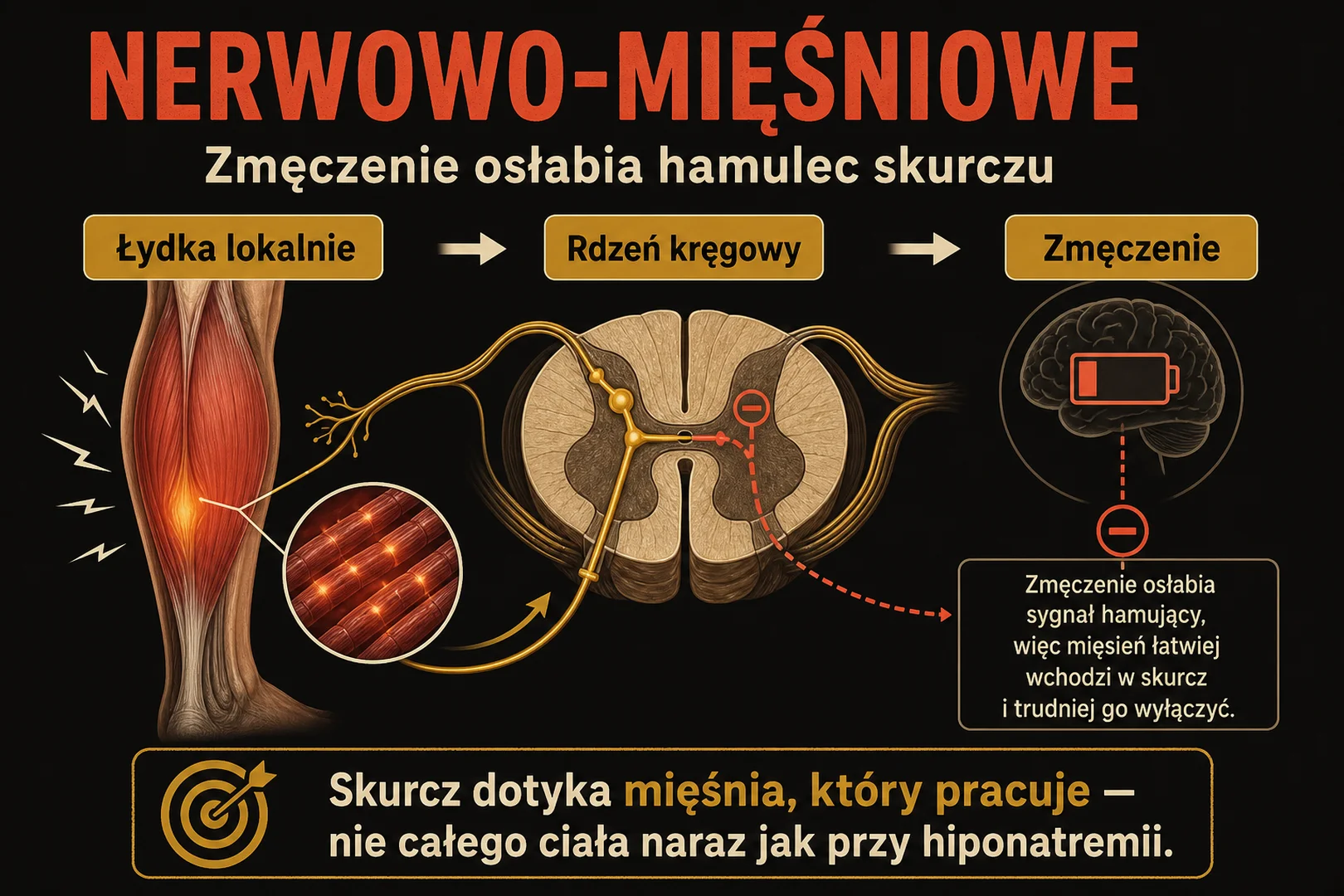 Teoria nerwowo-mięśniowa - łydka lokalnie, rdzeń kręgowy, zmęczenie