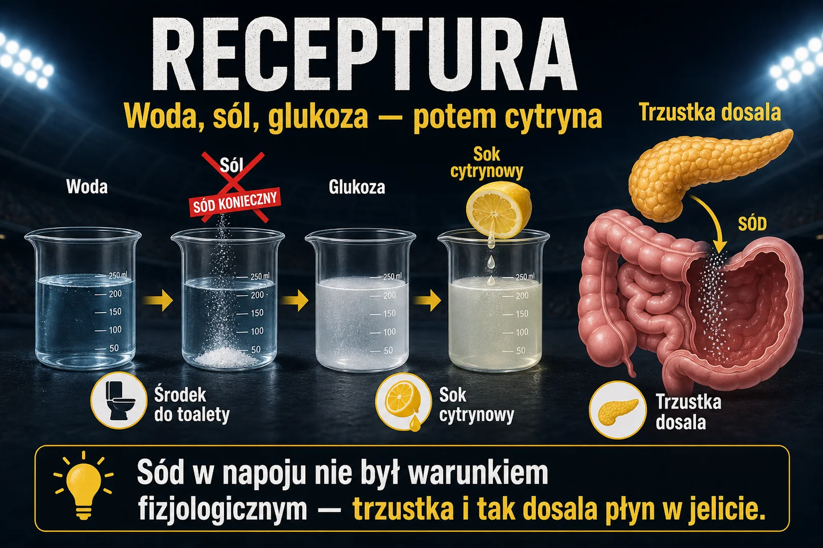 Receptura - woda, sól, glukoza, sok cytrynowy, trzustka dosala