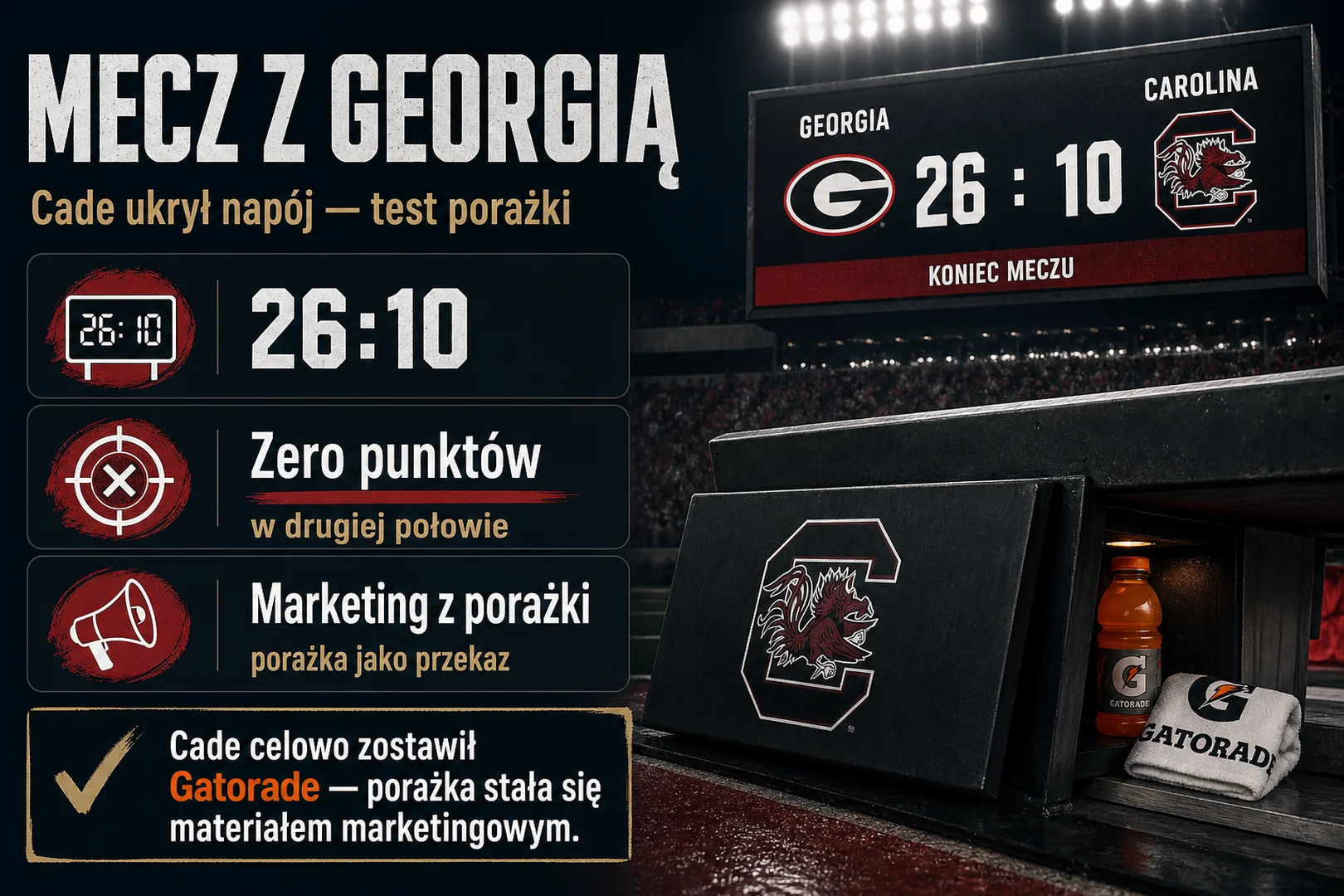 Mecz z Georgią - Cade ukrył napój, porażka 26:10, marketing z porażki