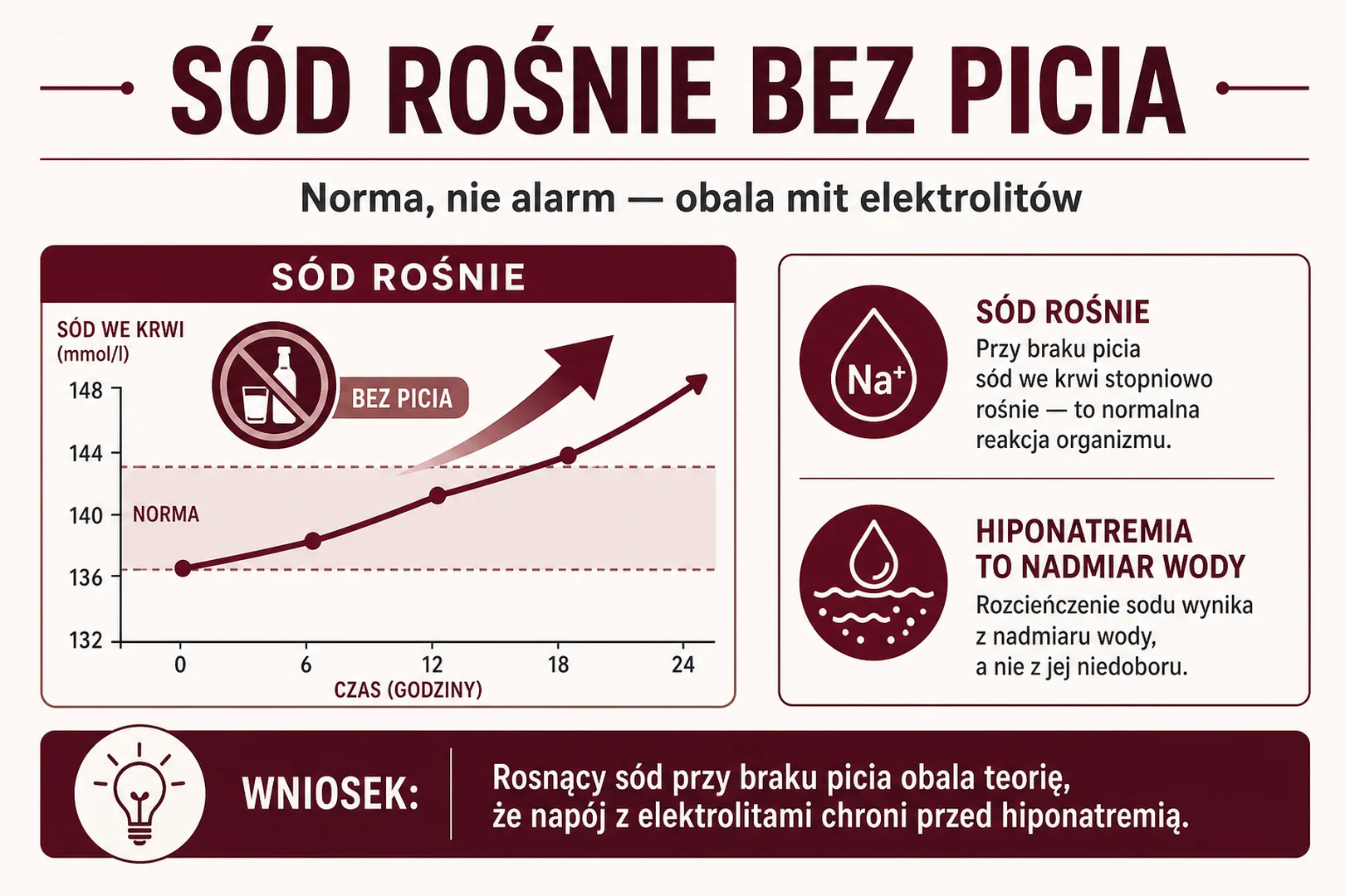 Sód rośnie bez picia - norma, nie alarm, obala mit elektrolitów