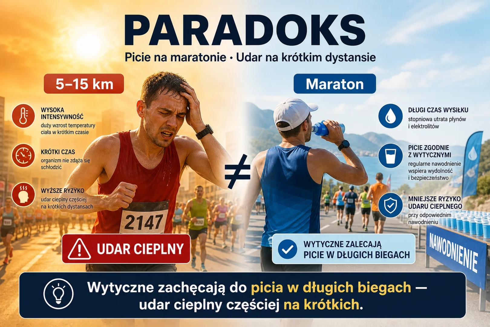 Paradoks - picie zalecane w maratonie, udar częstszy na krótkim dystansie