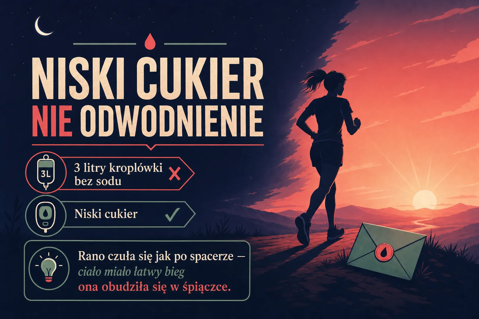 Niski cukier, nie odwodnienie - 3 litry kroplówki bez sodu, ciało miało łatwy bieg