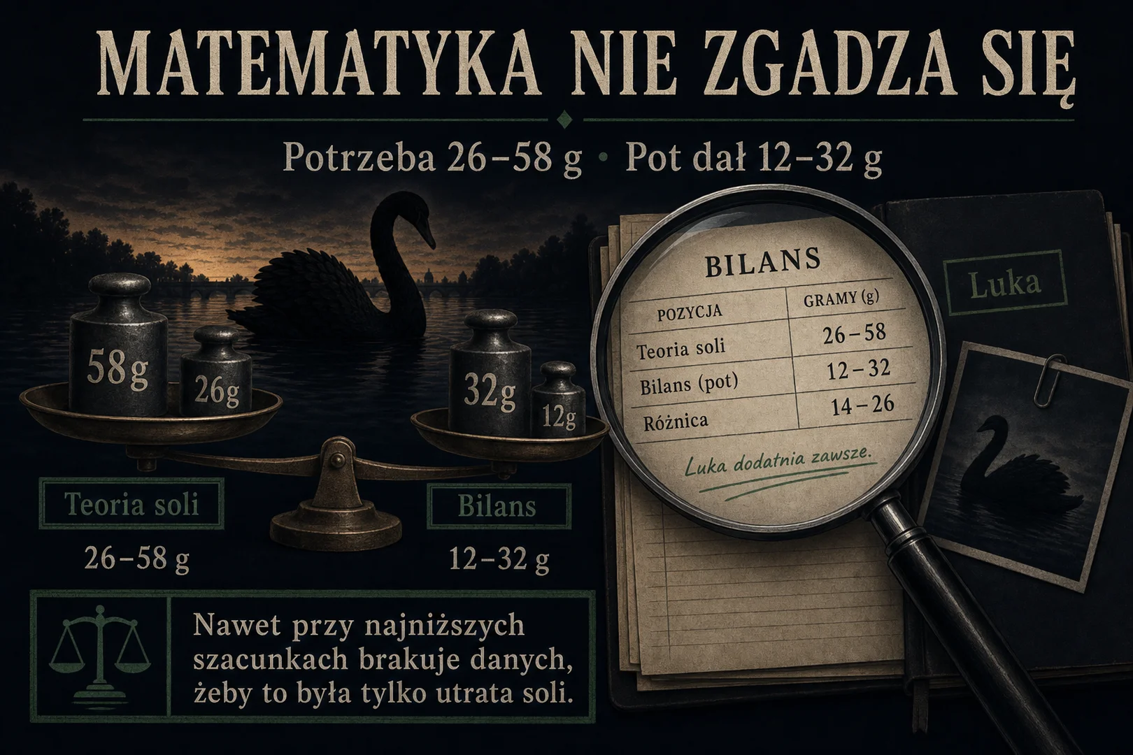 Matematyka nie zgadza się - teoria soli 26-58 g, bilans z potu 12-32 g, luka zawsze dodatnia