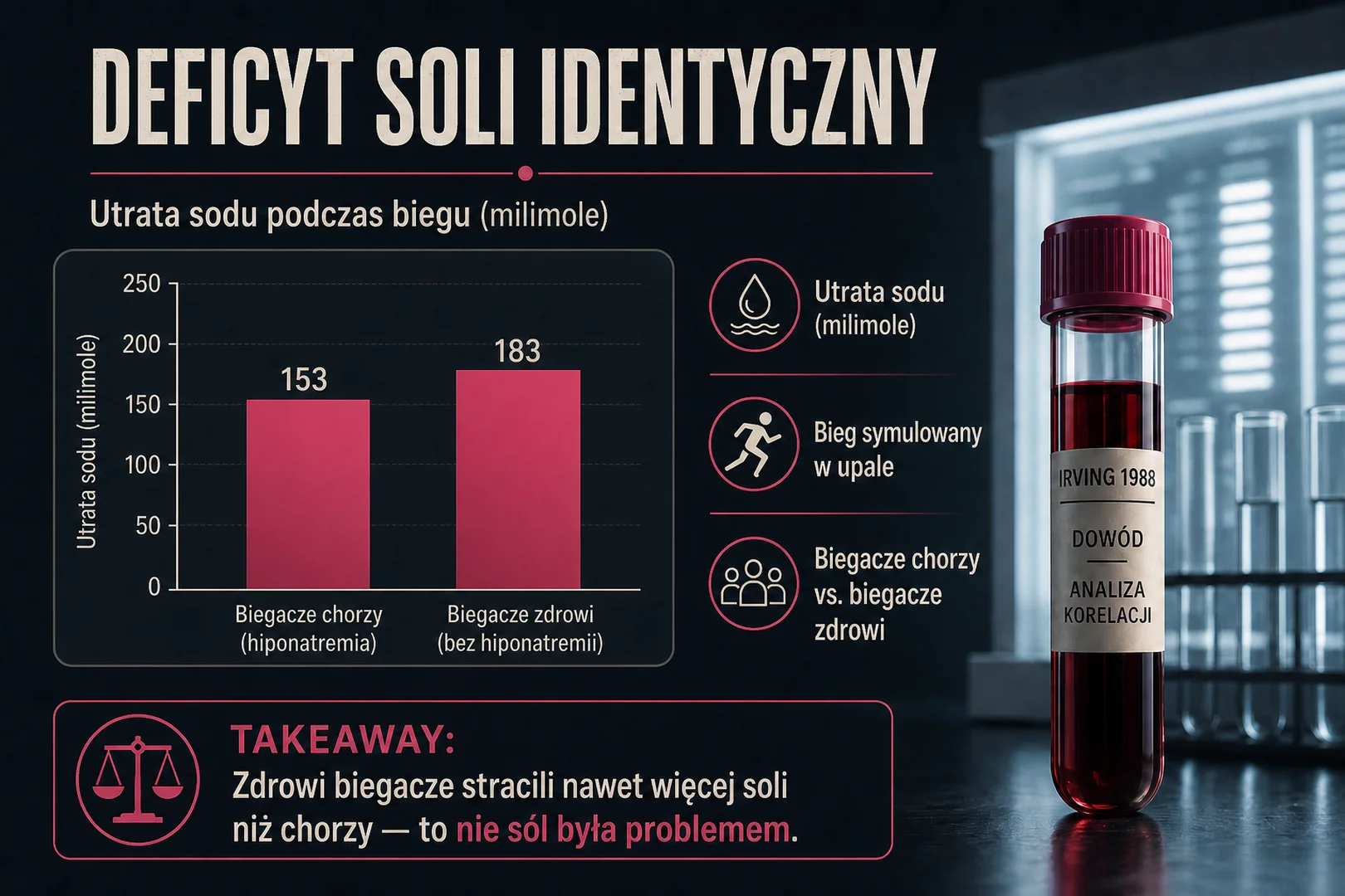 Deficyt soli identyczny - 153 mmol chorzy, 183 mmol zdrowi