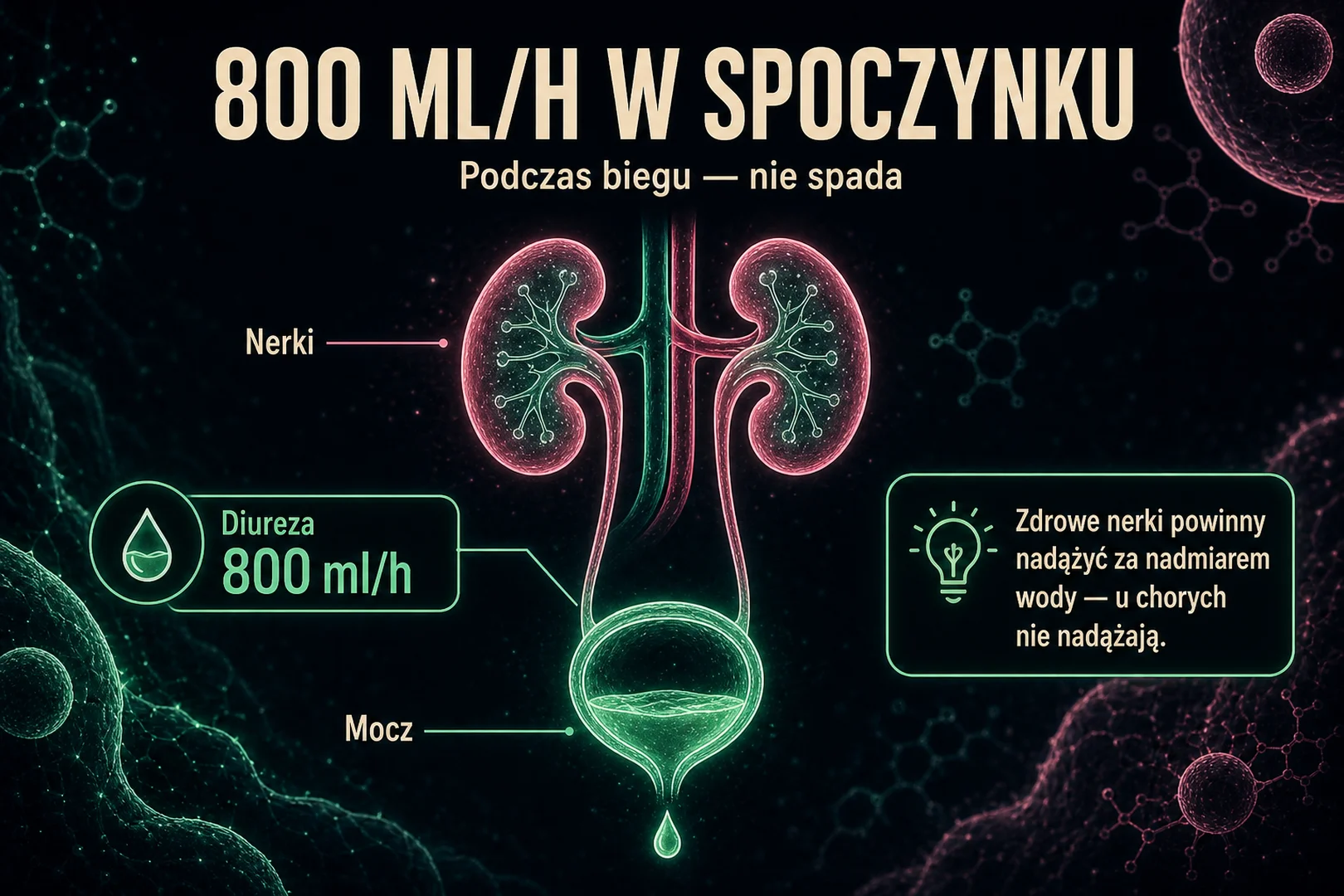 800 ml/h w spoczynku - podczas biegu diureza nie spada
