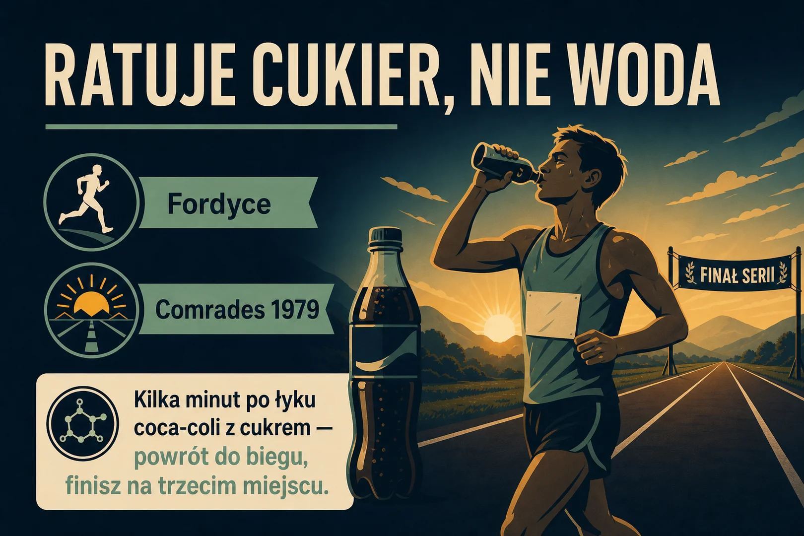 Ratuje cukier, nie woda - Fordyce, Comrades 1979, powrót do biegu po łyku coca-coli