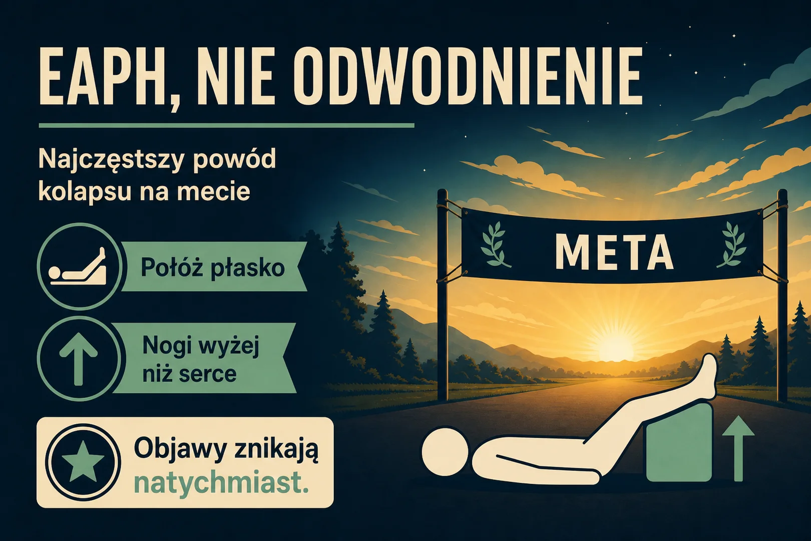 EAPH, nie odwodnienie - najczęstszy powód kolapsu na mecie, połóż płasko, nogi wyżej
