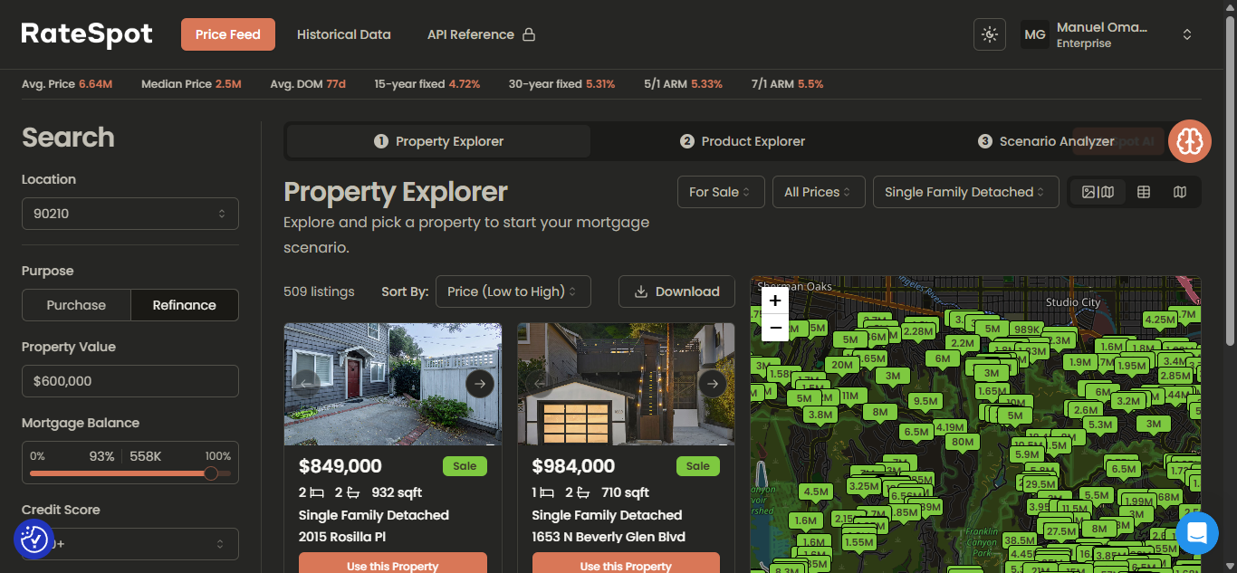 RateSpot AI dashboard showing real-time mortgage analytics and property insights