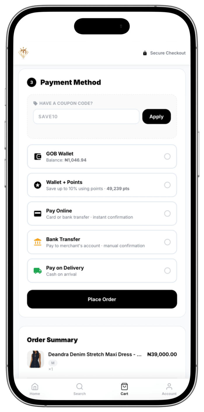 GOB app: Checkout