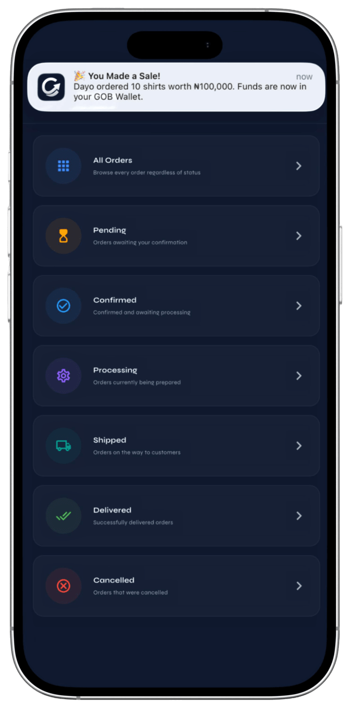 GOB app: Orders