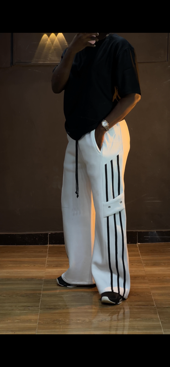 white joggers with black stripe