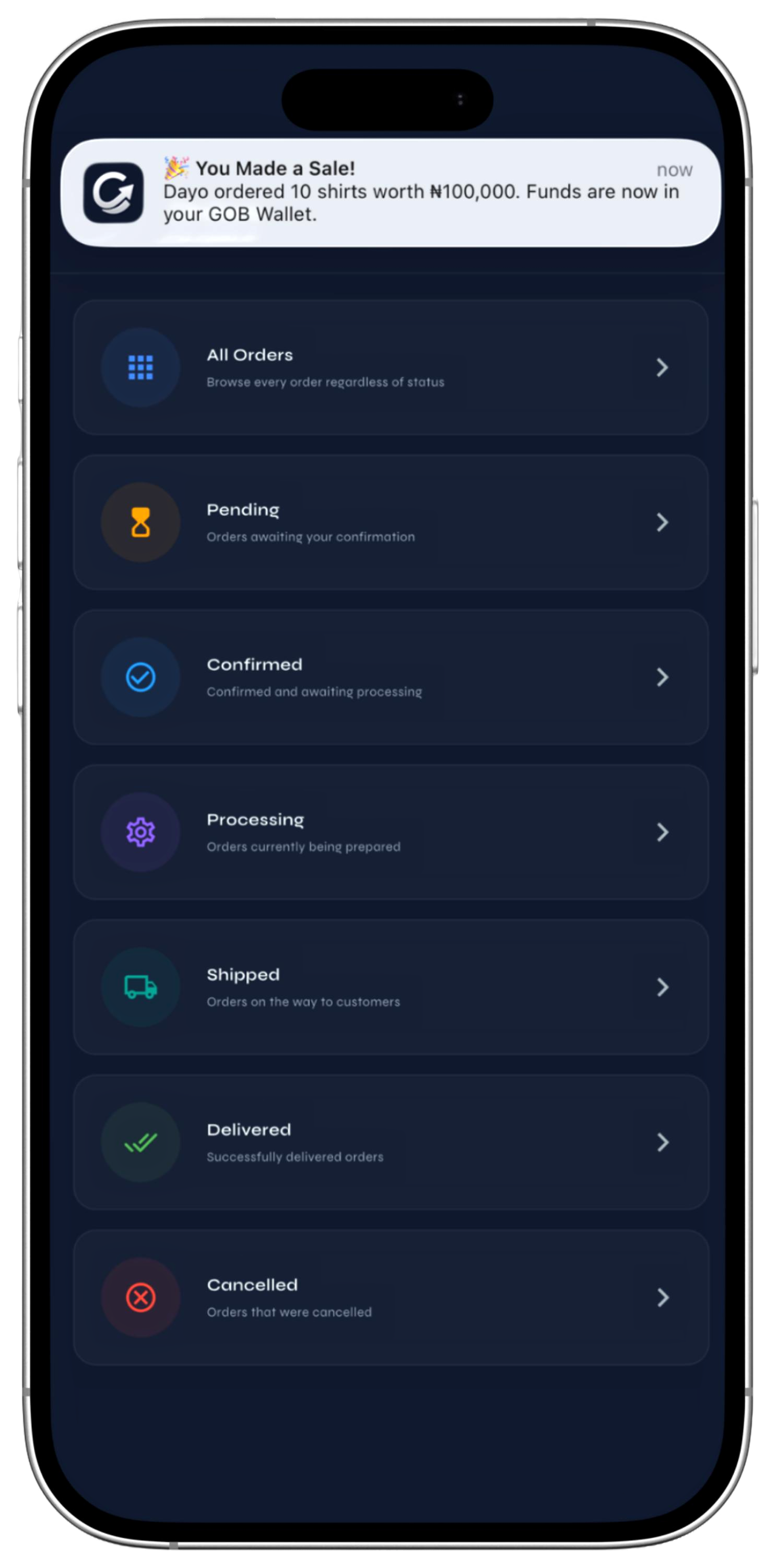GOB order notification mockup