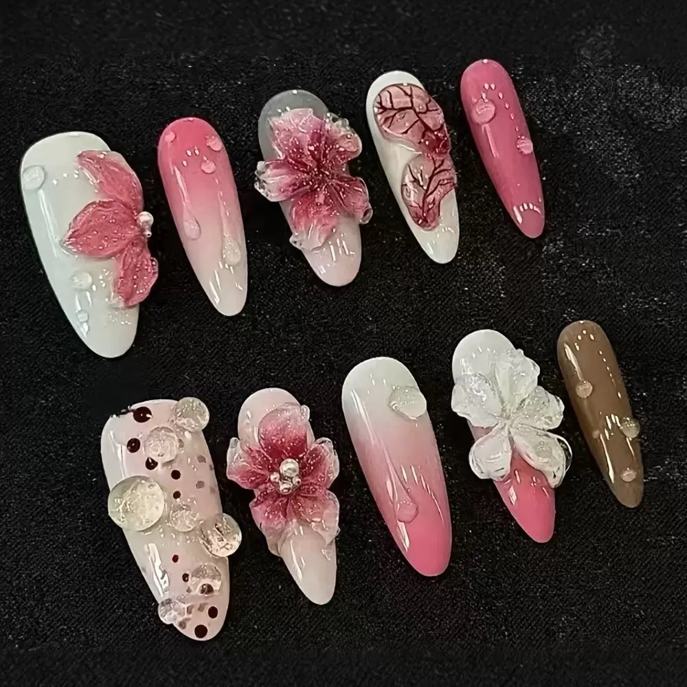 3D Flower Almond Nails