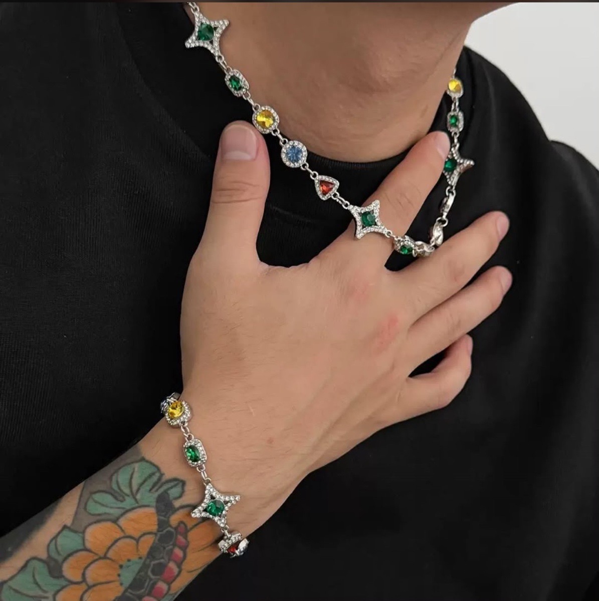 Unisex cz colorful necklace & bracelet set