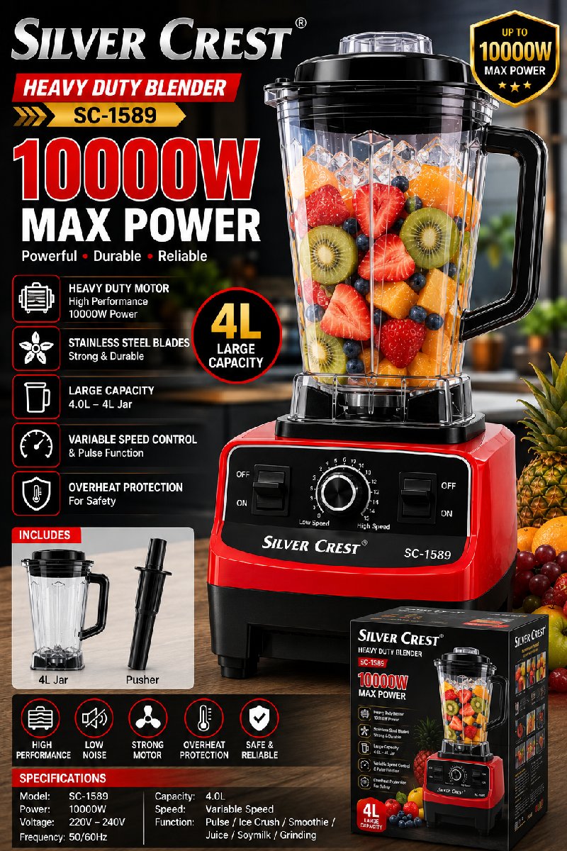 SILVER CREST 10,000W (4LITERS JAR) BLENDER WITH TWO CUPS