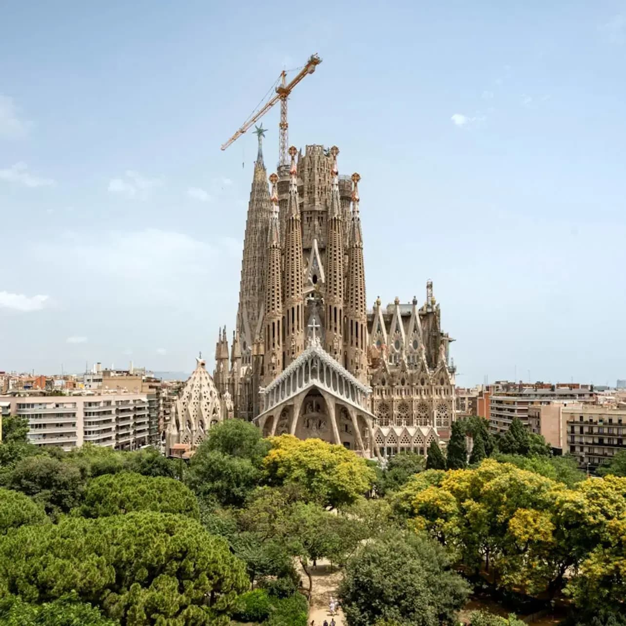 Vista aèria de la basílica de la Sagrada Família a Barcelona envoltada d'arbres i edificis, amb una grua visible a la part superior.
