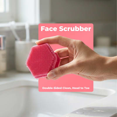 Small Pink silicone face brush held in a hand