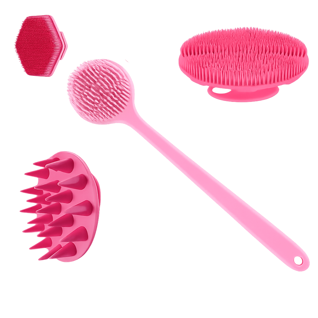 Pink 4-piece silicone brush set with back, body, scalp, and face tools