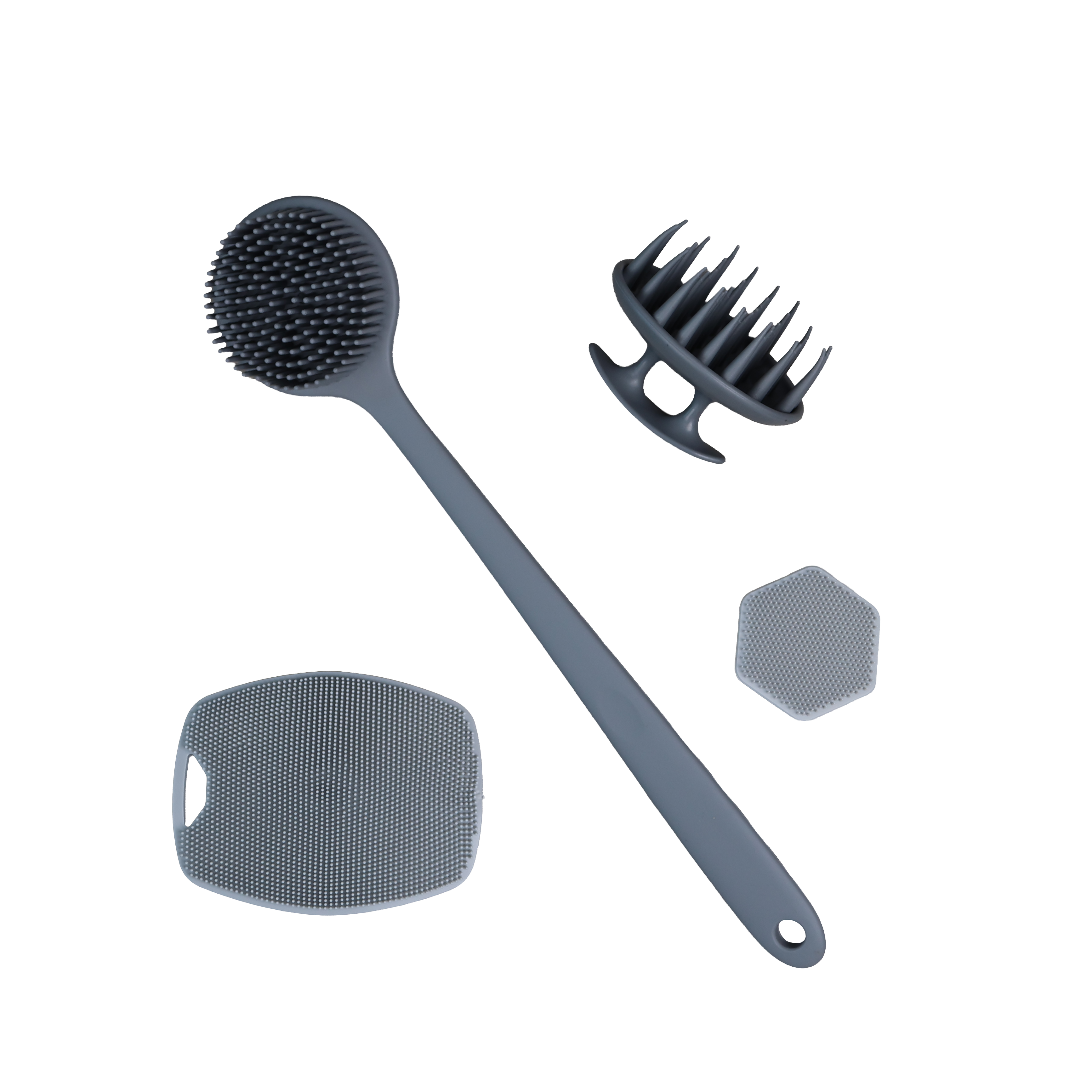 Grey 4-piece silicone brush set with back, body, scalp, and face tools