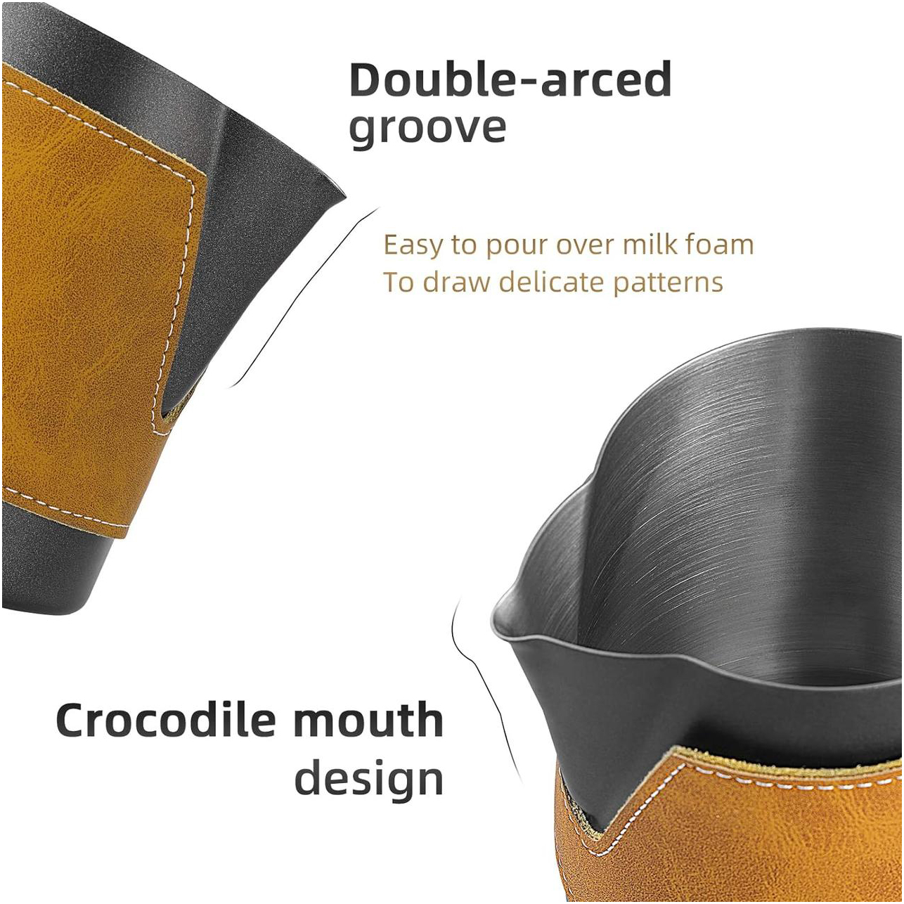 Питчер 400 мл без ручки для латте-арта с кожаным чехлом, точный контроль и стильный дизайн