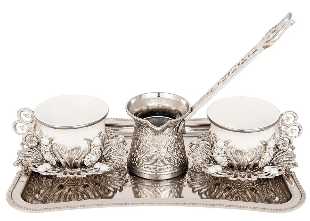 Турецкий набор для кофе на 2 персоны с туркой и латунными подстаканниками, 8 предметов