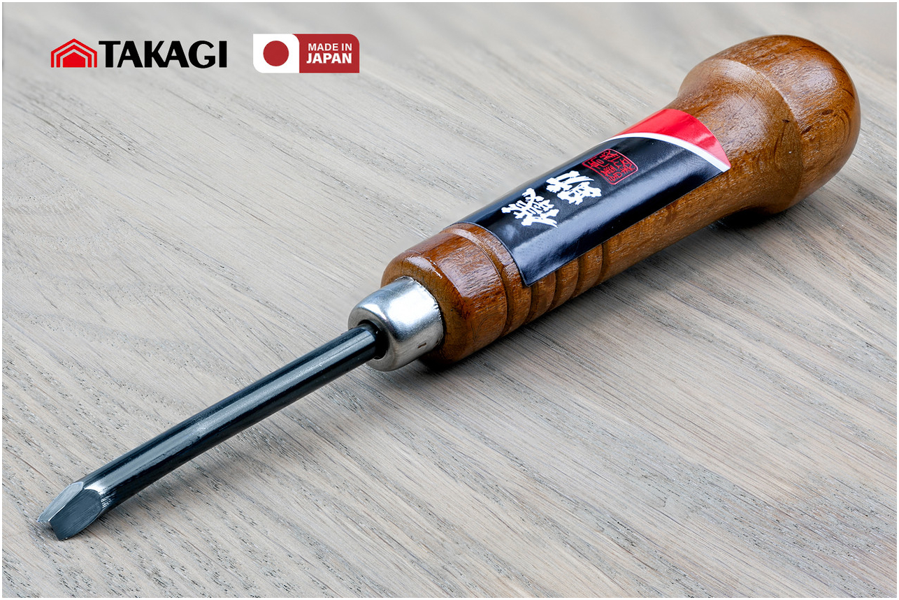 Резец для резьбы по дереву Takagi 4 мм V образный 90° с ручкой из красного дуба для точных работ
