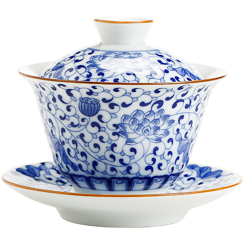 Гайвань из фарфора 180 мл с росписью 'Синий лотос' для заваривания чая