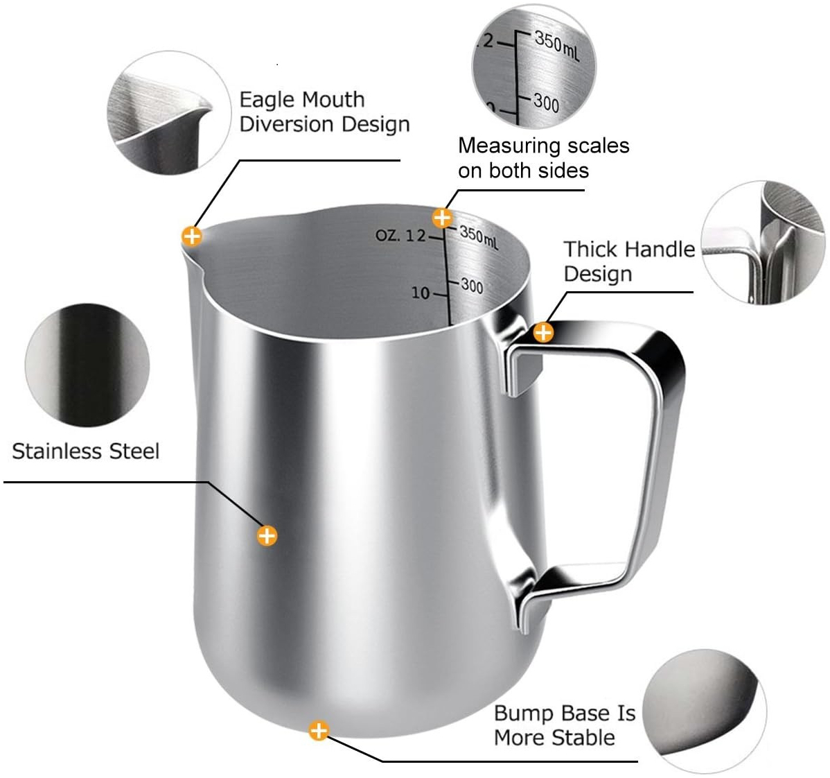 Питчер для молока 350 мл из нержавеющей стали с носиком для латте-арта