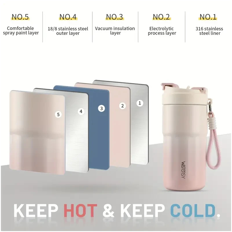 Універсальна термочашка WATERSY 400 мл з вакуумною ізоляцією, рожева, для гарячих і холодних напоїв