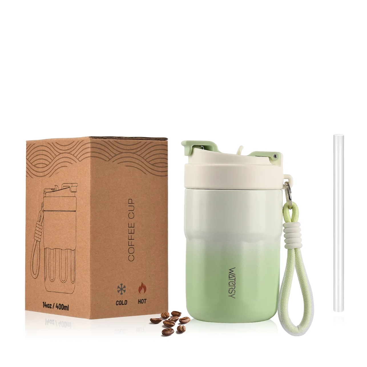 Термокружка WATERSY 400 мл з подвійною вакуумною ізоляцією для гарячих і холодних напоїв, зелена