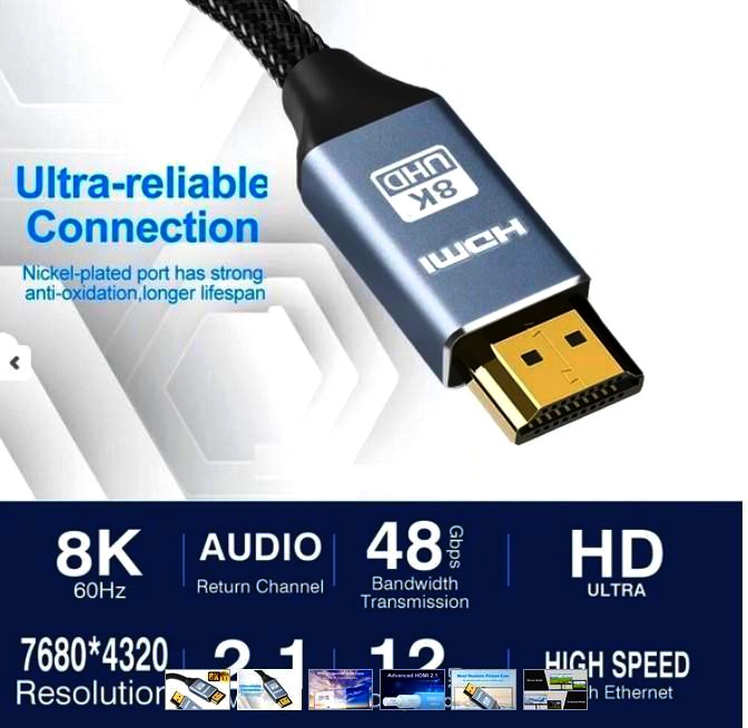 Кабель HDMI 2.1 8K, 1м, HDMIS2.1-8K-MM-01, штекер A, підтримка eARC, VRR, Dolby Vision
