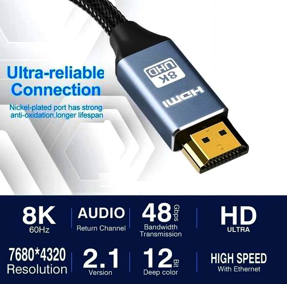 Кабель HDMI 2.1 8K 3м, тип A, HDMIS2.1-8K-MM-03, високошвидкісний, графітовий