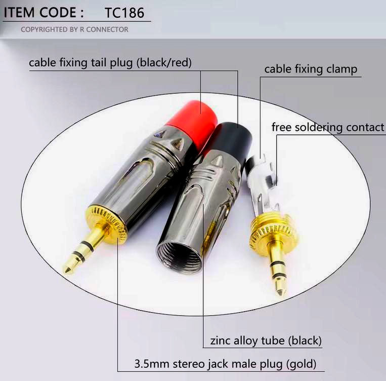 Jack 3.5 мм стерео штекер I-Taki TC186-R, матовий нікель, чорна маркування, аудіо розapos;єм
