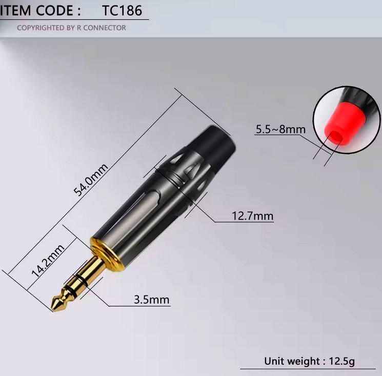 Jack 3.5 мм стерео штекер I-Taki TC186-R, матовий нікель, чорна маркування, аудіо розapos;єм