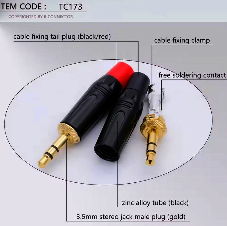 Jack 3.5мм стерео штекер TC173-B, чорний, I-Taki (Південна Корея), позолота, аудіокабель