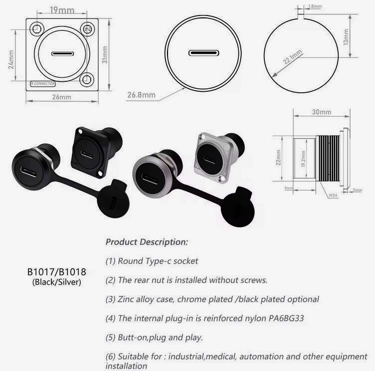 Адаптер I-Taki USB Type-C B1018, гніздо-гніздо, D-посадка, цинковий сплав, чорний