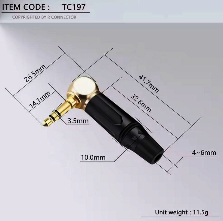 Разapos'єм mini Jack 3.5 мм, кутовий штекер, 3 контакти, I-Taki, чорний, кабельний, 1 м