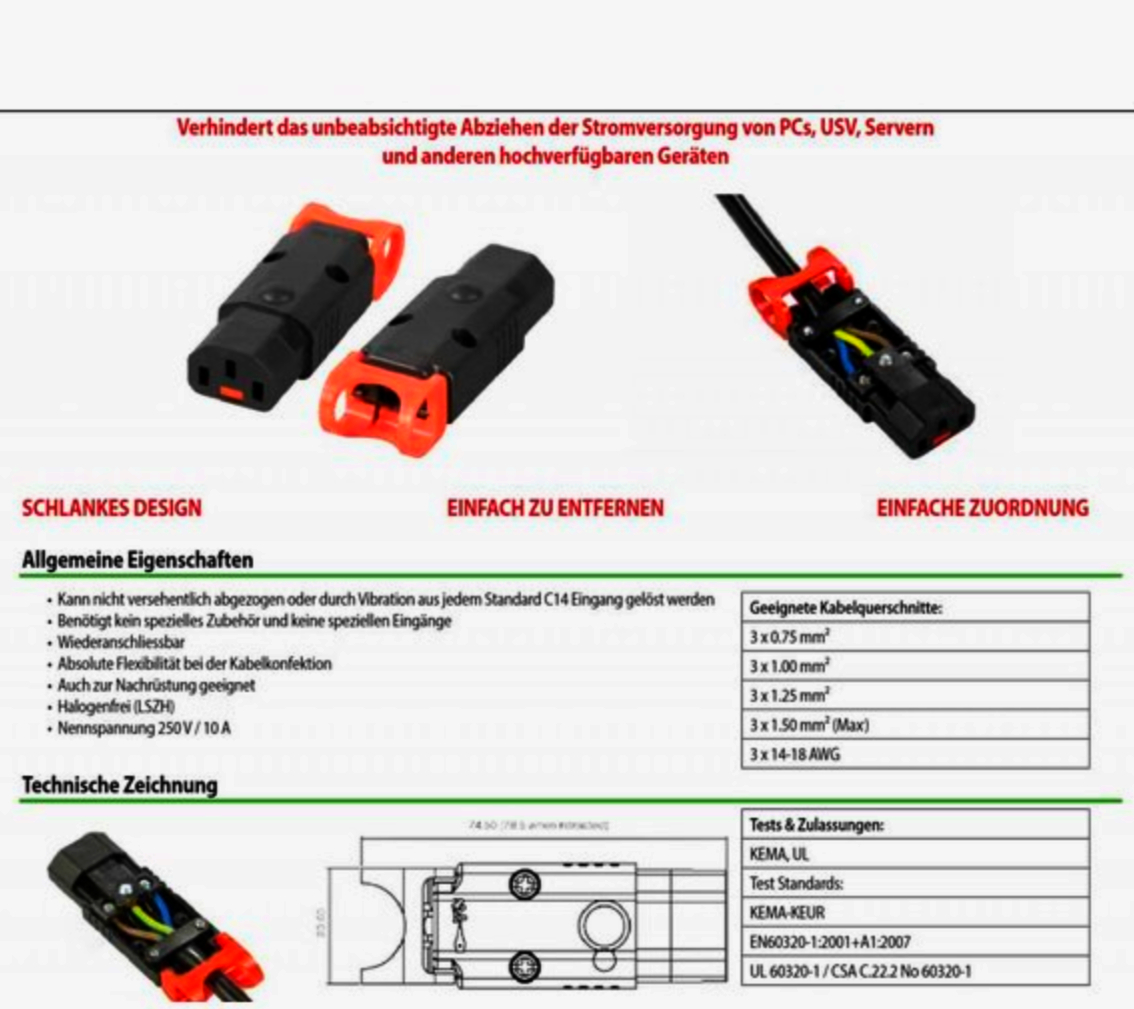 Раз'єм C13 Lock+ 3-контактний SCOLMORE 220 В, автоматична фіксація, 1 м, чорний