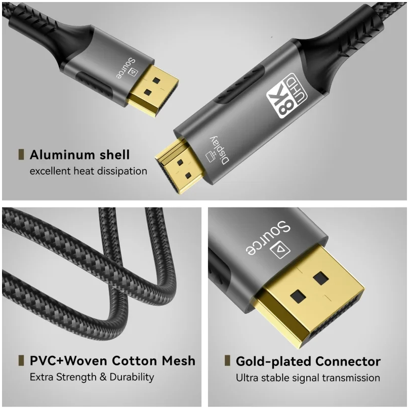 Кабель для передачи видео I-Taki DisplayPort 1.4 на HDMI 2.1, 8K@60Hz, 32.4 Гбит/с, 1 м, черный, идеален для игр и мультимедиа