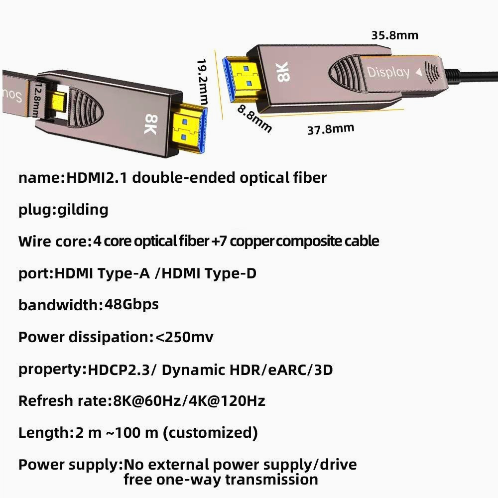 Кабель HDMI 2.1 8K 60Hz оптоволоконный 15 м Micro HDMI Type D 24K золото ARC eARC