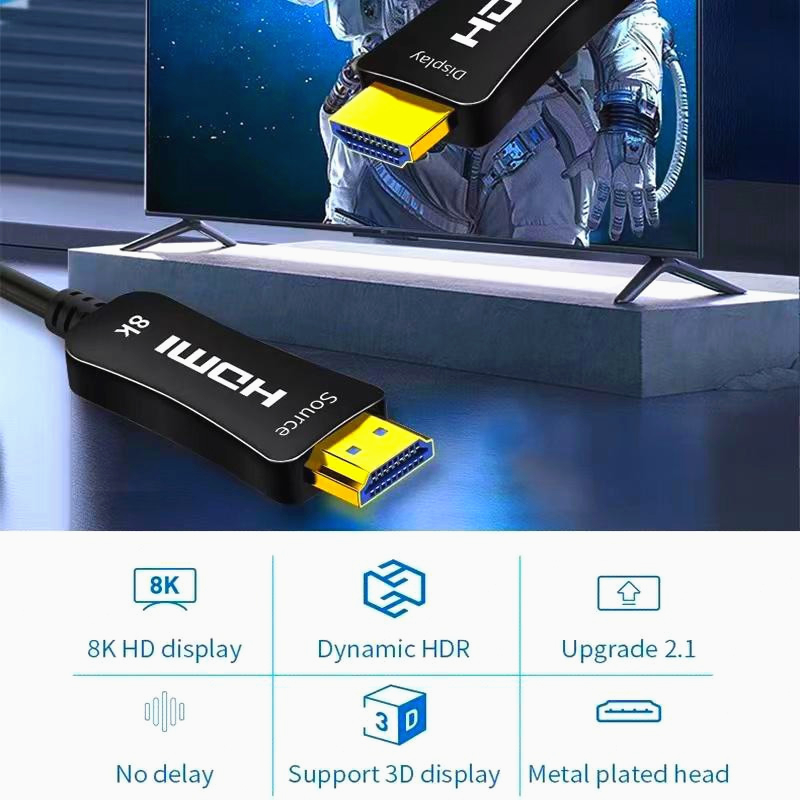 Кабель HDMI 2.1 8K 25м 48Gbps, оптоволоконный, поддержка VRR, HDR, eARC, 24К позолота