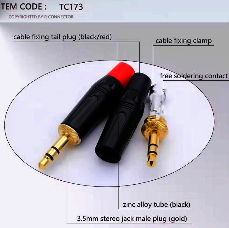 Jack 3.5мм стерео штекер I-Taki TC173-B, позолочений, для навушників, чорний, до 6,5 мм